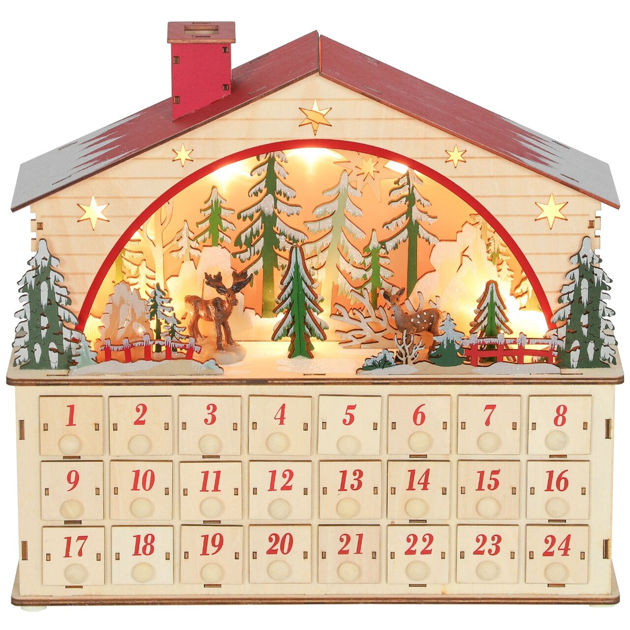 Edge Collections - 14.2" x 3.9" - Brown - Lighted Wooden Christmas Advent Calendar with Countdown Drawers - 1 Piece